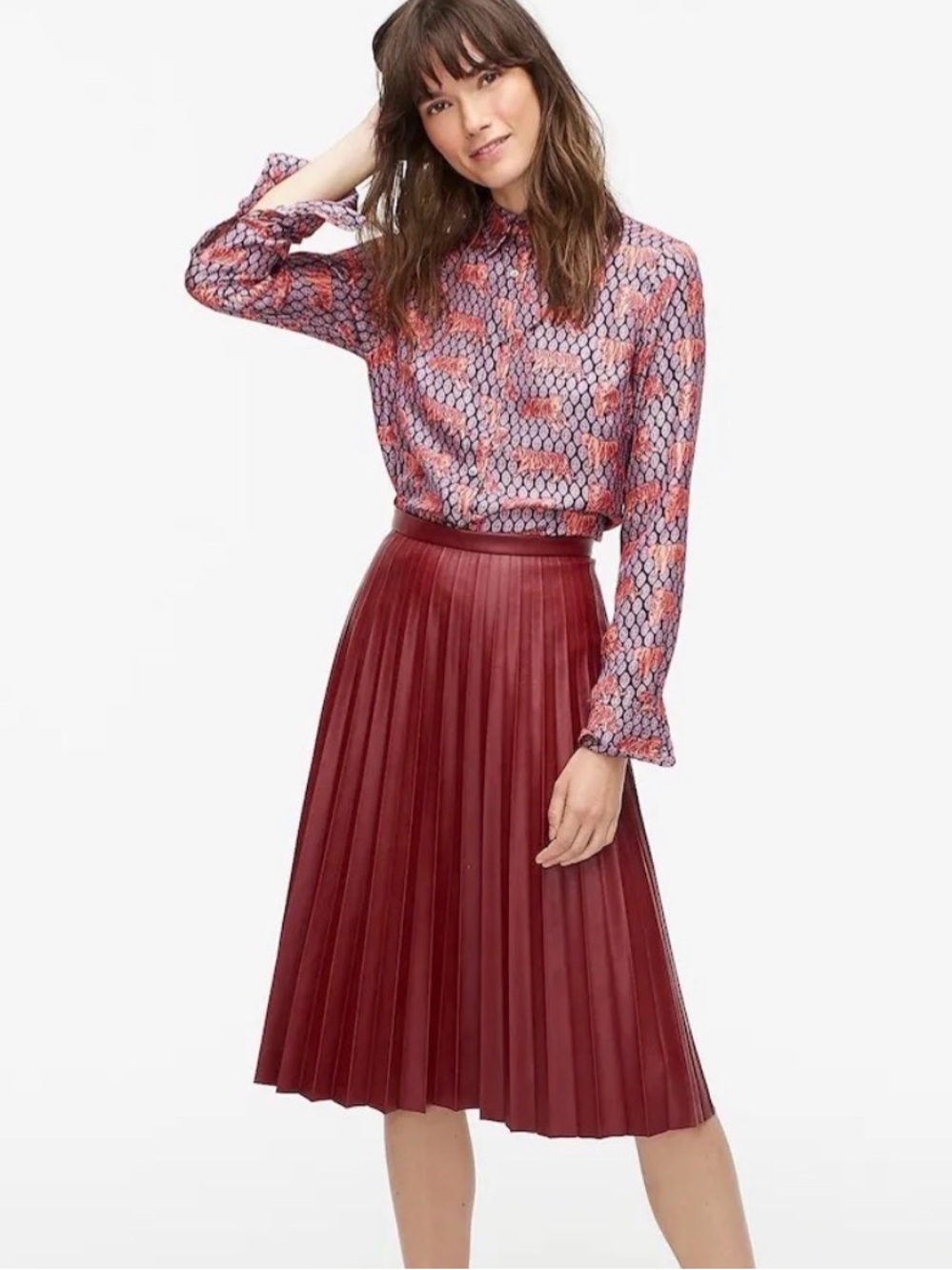 J Crew Pleated Faux-Leather Skirt in Burgundy